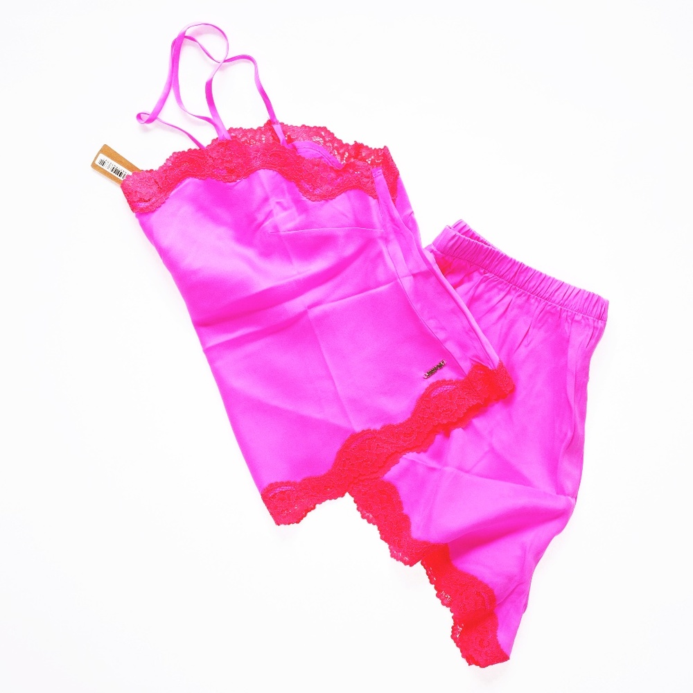 SKIMS Lace Trimmed Silk Cami & Shorts - Neon Orchid - NWT - Picture 2 of 5